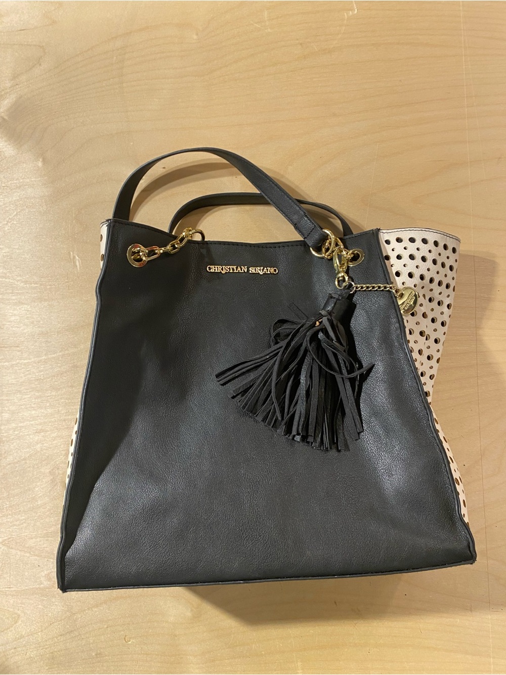 Christian Siriano Black Tote with Cream Perforated Panels and Tassel (I)